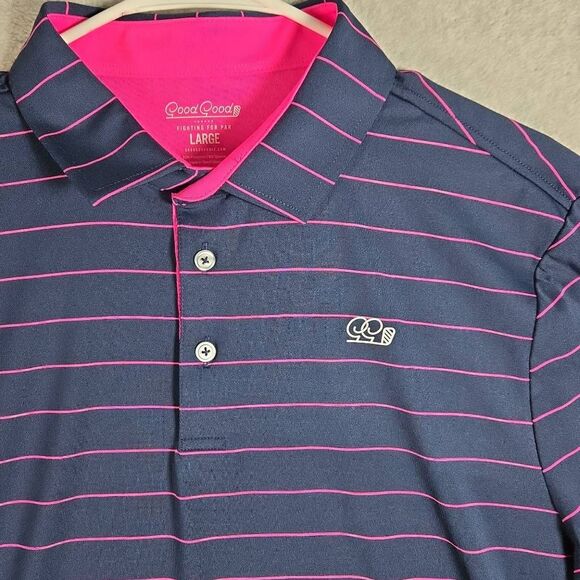 Good Good Golf Polo Fighting For Par Men’s Largw Navy Blue Striped Performance - Picture 1 of 9